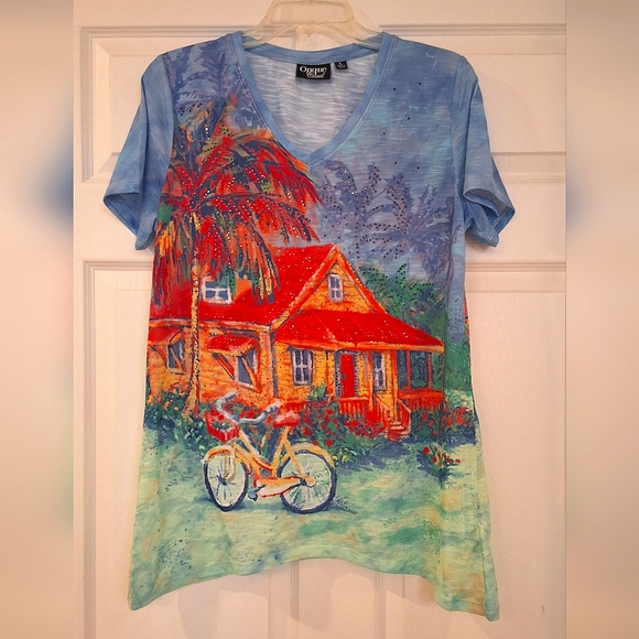 ONQUE Casual, Large, Woman's Embellished V Neck Multi-Color Top - Picture 5 of 6